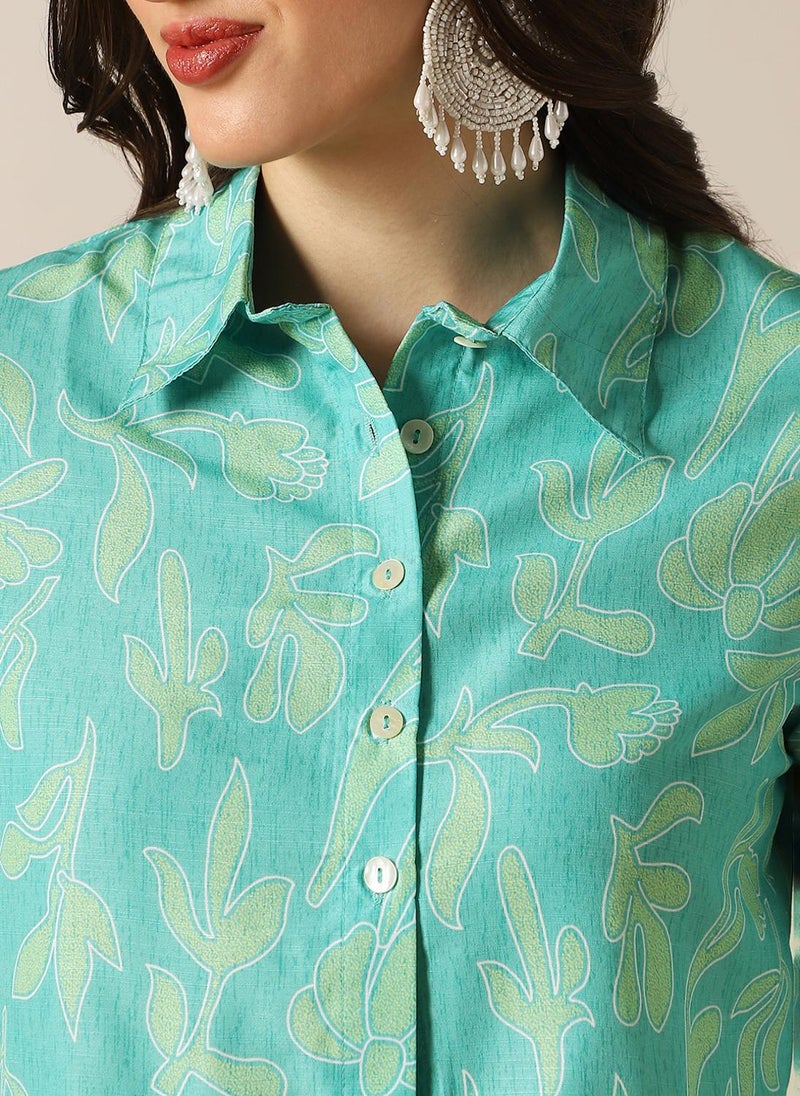 Globus Women Blue Floral Print Bishop Sleeves Crop Shirt & Wide Leg Trousers Fusion Co-Ord Set - Image 5